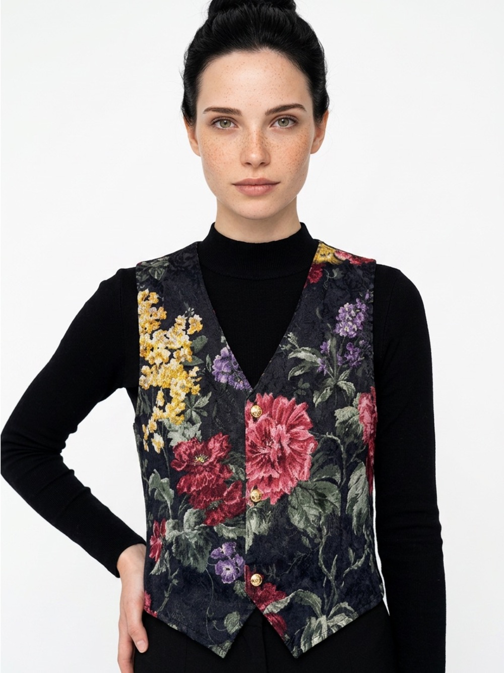 Debi Basile Designs Vintage Floral Tapestry Vest Black Button‎ Front Seattle USA